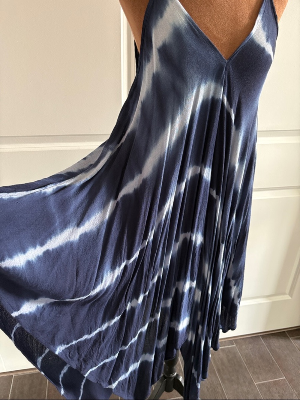 Navy & White Tie-Dye Boho V-Neck Slip Dress - beach coverup / resortwear - M